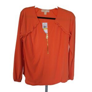 Michael Kors 1/4 Zip Blouse Orange Size M Career Work Cinch Sleeve RN 111818